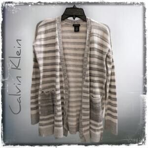 Open Front CALVIN KLEIN JEANS Cardigan Sweater Long. Lightweight. White Gray M